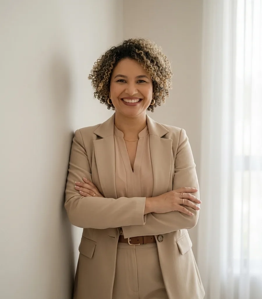 Fabiana Silva sorrindo, de braços cruzados
